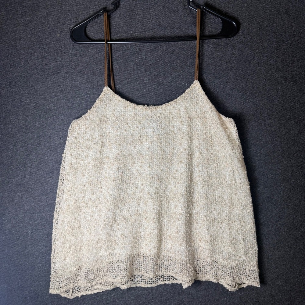 Deletta Anthropologie Cream Lace Sequin Cami Top Textured Western boho crochet